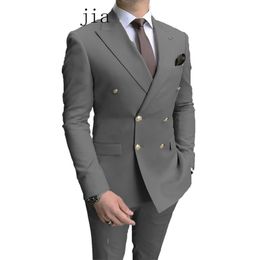 Casual Sky Blue Men Suits Double Brested Lapel Gold Button Groom Wedding Tuxedos 2 Pcs Blazers Jacket Pants Set 240430