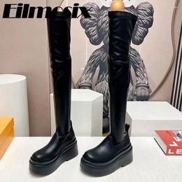 Boots Slim Fit Height Increasing Over-The-Knee Runway Platform Modern Women Thick Sole Stretch Leather Designer