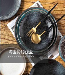 Simple Japanese and Korean Black Ceramic Round Shallow Plate Snack Pasta Steak Family Western Food Tableware5131159