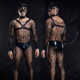 Sexy Set JSY Sexy Cat Suit Cosplay Lingerie Men Underwear Fishnet Bodysuit Leather Erotic Lingerie Porno Comes Sexy Role Play Outfit T240513