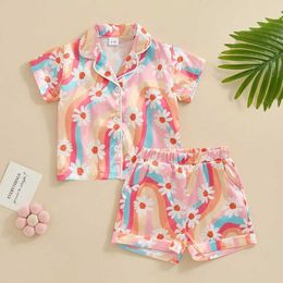 Clothing Sets 1-4years Toddler Girls Summer Shorts Sets Short Sleeve Lapel Button Up Shirt Tops Daisy Print Shorts Infant Girls Pajamas Sets