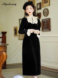 Casual Dresses French Style Autumn Winter Women Black A-Line Midi Dress Ruffled Collar With Lace Velvet Princess Elegant Feminine