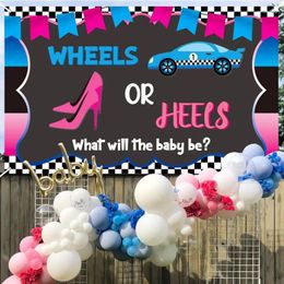 Party Decoration 1Pcs Wheels Or Heels Gender Reveal Backdrop 70.7 43.3 Inch Banner For He She Baby Shower Wall Hanging Po Props Decor