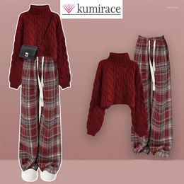 Women's Two Piece Pants 2024 Spring High Neck Knitted Sweater Striped Plaid Panel Set Elegant Casual Outfits