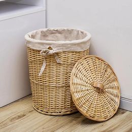 Laundry Bags Nordic Clothes Basket Natural Vine Weaving Storage Baskets Dust With Cover Organiser Boxes Cotton Linen Lining Home Supplies