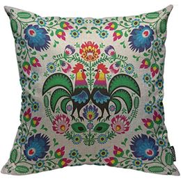 Pillow Floral Folk Art Square Pattern With Rooster Decorative Case For Home Bedroom Living Room Cover 18x18 Inch