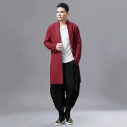 Ethnic Clothing Windbreaker Vintage Tai Ji Suit Martial Arts Performance Stand Collar Men's Mid-Length Solid Colour Cardigan Slim Fit