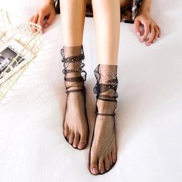 Women Socks Rhinestone Glass Silk Glitter Lace Elastic Short Ankle Elegant Ladies See Through Mid Length Mesh Pile Up Sock