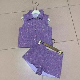 2 Piece Shorts Set Outfit 2024 Luxury Purple Sequins Sleeveless Vest Tweed Top and Suit Conjuntos Cortos 240508