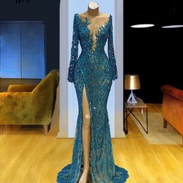 Sparkly Mermaid Evening Dress 2022 Lace Sequin Long Sleeve Prom Gowns Sheer Neckline Beading Formal Dresses Vestidos De Novia 169B