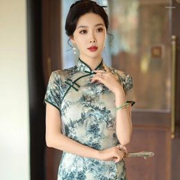 Ethnic Clothing Women Vintage Short Sleeve Cheongsam Handmade Button Printed Satin Dress Knee-Length Chinese Style Qipao