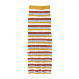 Skirts TRAFZA 2024 Woman Casual Elasticity Knitted Skirt Women Chic Stripe Colour Matching High Waist Slim Long Streetwear