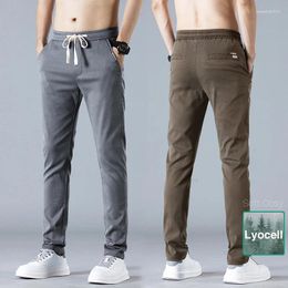 Men's Pants Spring Summer Thin Lyocell Casual Slim Straight Elastic Waist Soft Cosy Korean Fashion Business Trousers Black Grey