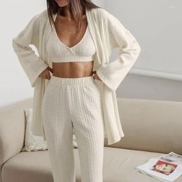 Home Clothing Long Sleeve Ladies Sleepwear 3 Piece Suit Sexy V-Neck Pyjama Low-Cut Tank Tops Nightwear Shorts Causal Nightgowns Set