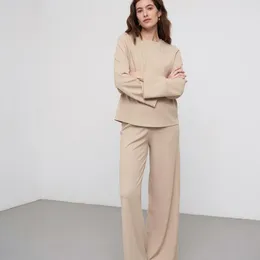 Home Clothing Foreign Trade Spring Warm European And American Knitted Solid Colour Long-Sleeved Trousers Two-Piece Set Ladies' Homewear2024