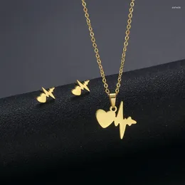 Necklace Earrings Set ECG Wave Women's Stainless Steel Personality Heart Shaped Pendant Earnail Simple Smooth Clavicle Chain