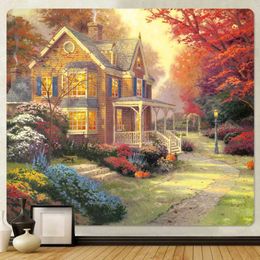 Tapestries Fairy tale forest castle oil painting scene home decoration tapestry bohemian wall hanging background