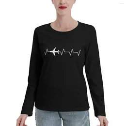 Women's Polos Aeroplane Pilot Heartbeat Long Sleeve T-Shirts Cute Clothes Plain T-shirt For Women Graphic Tees