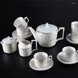 Teaware Sets Geometric Grain Gold Trim Bone China Nordic Teapot Set Ceramic Coffee Cup 15pcs Coffeeware With Saucer Milk Pot Giftbox