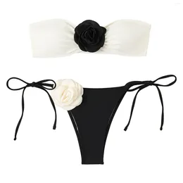 Women's Swimwear Womens 2 Pieces Swimsuit 3D Flower Bandeau Bikini Tie Side Triangle For Summer Ladies Teen Girls