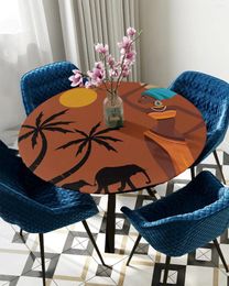 Table Cloth African Women Sunset Landscape Elephant Round Elastic Edged Cover Protector Waterproof Rectangle Fitted Tablecloth
