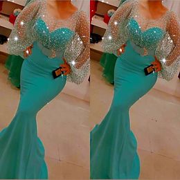 2021 Plus Size Arabic Aso Ebi Mermaid Sexy Sparkly Prom Dresses Long Sleeves Sheer Neck Evening Formal Party Second Reception Bridesmai 250x