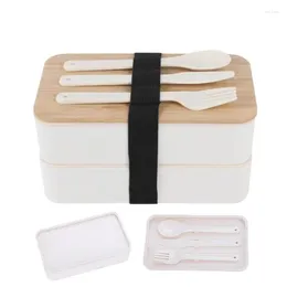 Dinnerware Japanese Container Double Layer Compartment Lunch Boxes Wooden Lid Large Capacity Microwavable Style For School