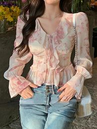 Women's Blouses Chiffon Print Elegant Vintage Blouse Women Flare Sleeve Fairy Sweet Female Ruffles France Fashion Causal Tops Summer