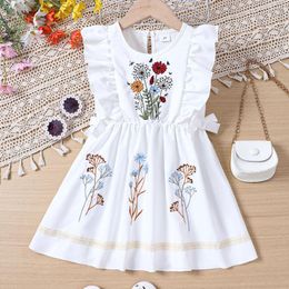 Girl Dresses Summer Girls Dress With Round Neck Ruffle Edge Embroidered Bow Tie Waist Wrapped Mid Length Chinese Style Children's
