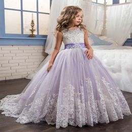 Beautiful Purple and White Flower Girls Dresses Beaded Lace Appliqued Bows Pageant Gowns for Kids Wedding Party Dresses For Girl 220g