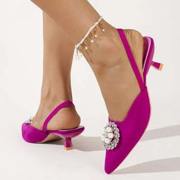 Plus Sandals Size 43 Women Pearl Slingback Crystal Slip On Fashion Thin Heels Dress Shoes Summer Rose 9742NSandals sa 9742N