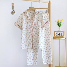 Home Clothing Summer Women's Set Cotton Crepe Short Sleeve Shirt Pants Two Piece Thin Flower Homewear Sleepwear Pajama