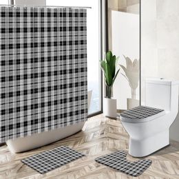 Shower Curtains Modern Simple Lattice Striped Curtain Set Rustic Retro Style Home Decor Bath Mat Toilet Lid Cover Flannel Bathroom Carpet