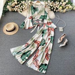 Bohemian Vacation Beach Two Piece Set Women Sexy VNeck Bandage Short Tops High Waist Split Wide Leg Pant Suit Spring Autumn 240514