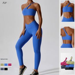 Women Sexy Sport Yoga Set Outfit Fitness Workout Clothes Diagonal Shoulder Sports Top Leggings Suit Leisure Running Sportwear 240514