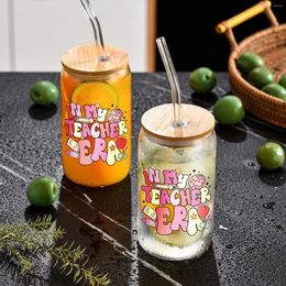 Wine Glasses 16oz Cartoon Pink Letter Pattern With Bamboo Lid Glass Straw Juice Drink Bottle Suitable For Teacher's Day Gift