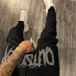 Men Trend Black Ripped Jeans Fashion Street Hole Trousers Cosy Skinny Design Rhinestone Stretch Soft Washed Denim Pants 240513