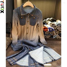 Casual Dresses YUDX High-end Miyake Faux Denim Gradient Color Pleated Dress Loose Cover Belly Single-breasted Shirt Female 2024