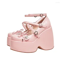 Dress Shoes Pink Heart-shaped Rhinestone Mary Jane Pumps Women Designers Female Belt Buckle Platform Wedge Heels Lolita Gothic