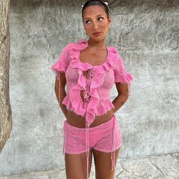 Two Piece Dress Pink Knitted Short Sets for Women Y2K Ruffle Lace Up Crop Top and Shorts Outfits Summer Sexy Sheer Club Party Set 2024 Q240511