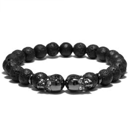 Charm Bracelets Punk Double Skull Head Design Beads Bracelet 4 Colour Natural Stone Beaded Lava Braclet For Men Biker Wristband Jewellery Homme Y240510