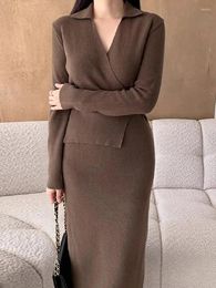 Casual Dresses Korean Style Autumn Tweed Women 2024 Chic Long Sleeve V-neck Solid Colour Slim Female Knit Dress Elegant