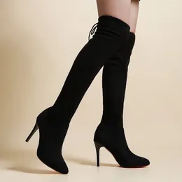 Boots Shoes For Women 2024 Women's Thigh High Sexy Pointed Toe Stiletto Long Slim Was Thin Black Female