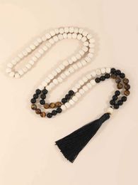 Beaded Necklaces OAITE 8mm Yellow Tiger Eye Black Agate Necklace Mens Wood Beads Prayer Necklace Womens Yoga Balance Spiritual Energy Stone Jewellery d240514