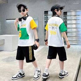 Clothing Sets Summer Boys Cotton Contrast Patchwork Short Sleeved T-Shirt Tops Suit School Kids Tracksuit Child 2PCS Outfit 5-12 Years
