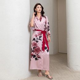 Home Clothing Pink Kimono Print Flower Robe Gown Lady Elegant Loungewear Intimate Lingerie Women Rayon Bathrobe Nightwear Long Sleepwear