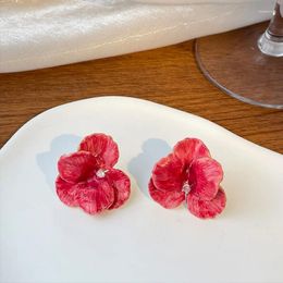 Stud Earrings Korean Fashion Pink Drip Oil Flower For Women Bridal Sweet Petals Wedding Party Jewellery Birthday Gift
