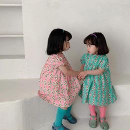 Girl Dresses Summer Little Fashion Flower Bubble Sleeve Dress Korean Style Pure Cotton Casual Party Princess Kids Clothes