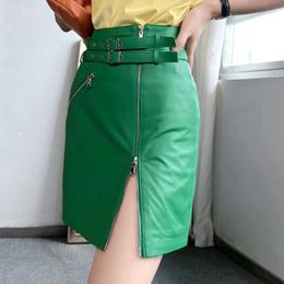 Skirts Spring Mini Leather Skirt Green Double Belt Split Zippers Motorcycle High Street Short Jupe South Korean A-line Sexy Saia