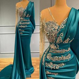 Arabic Dubai V Neck Mermaid Evening Prom Dress 2023 Sheer Long Sleeves Beaded Ruched Floor Length Formal Party Gowns Special Occasion D 332c